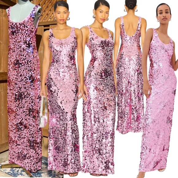 🆕 SIMKHAI 🧿 NWOT Bex Sequined Embellished Maxi Dress, Sorbet Pink - Sz US 8 - Picture 1 of 14